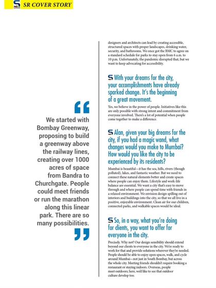 In this magazine excerpt, we share our big dream for Mumbai: the Bombay Greenway. This project proposes creating over 1000 acres of new linear park space above the railway lines from Bandra to Churchgate.