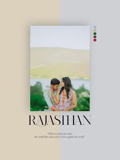 An elegant, magazine-style shot of the couple with "Rajasthan" text, perfect for a destination wedding story.