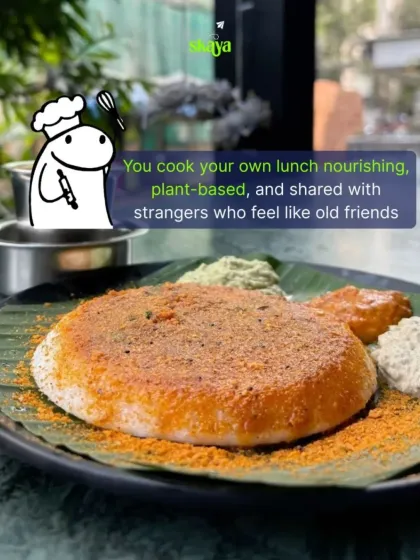 You'll cook your own nourishing, plant-based lunch with strangers who quickly feel like old friends. Our community cooking sessions are a highlight of the mindful living experience in Auroville.