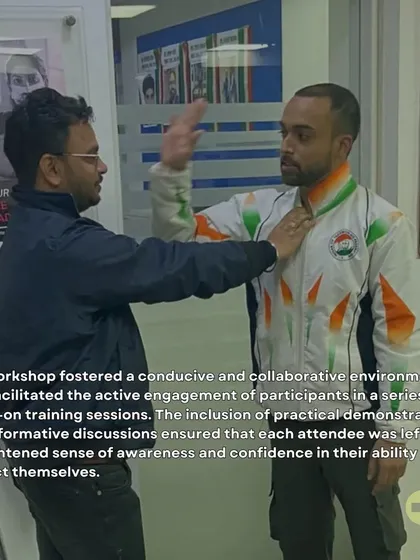 We break down techniques into simple, memorable steps. This image shows a hands-on demonstration of a palm-heel strike, a simple yet powerful tool for self-defense that anyone can learn.