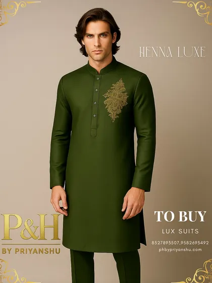 A portrait of the model in the classic green kurta, looking effortlessly elegant.