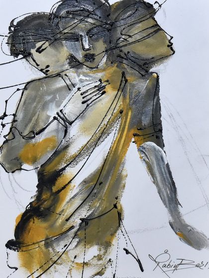 An expressive acrylic and ink on paper, this untitled piece shows the fluid movement of figures in a dance-like embrace.