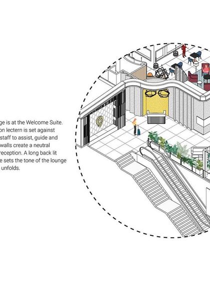A detailed axonometric drawing of the 'Welcome Suite' for the 080 Lounge. This drawing visualizes the first point of interaction for guests, including the reception lectern, feature wall, and onyx planter.