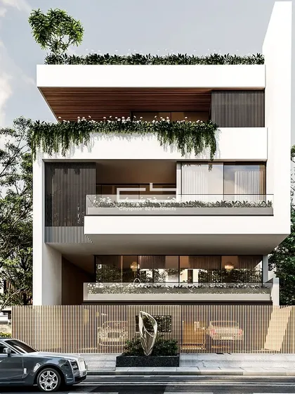 This facade is the epitome of contemporary design with a minimalist aesthetic. The pristine white structure features a sleek, hierarchical design with integrated greenery and glass fenestrations, connecting the home to nature.