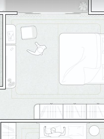 A detailed floor plan of the master bedroom layout. You can see the careful placement of furniture to create an uncluttered space that feels both spacious and intimate, allowing the clean lines of the design to breathe.