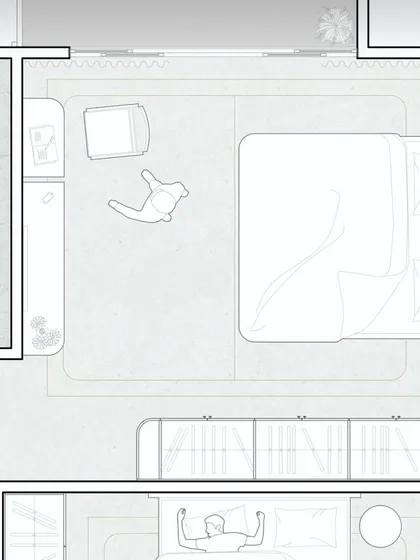 A detailed floor plan of the master bedroom layout. You can see the careful placement of furniture to create an uncluttered space that feels both spacious and intimate, allowing the clean lines of the design to breathe.