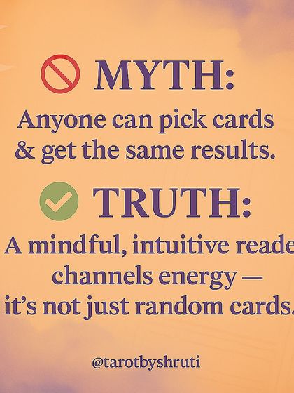 Myths vs. Truths about Tarot. This carousel debunks common misconceptions. It clarifies that Tarot is spiritual energy work, not black magic, and that it shows possible outcomes based on your current path, not a fixed future.