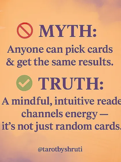 Myths vs. Truths about Tarot. This carousel debunks common misconceptions. It clarifies that Tarot is spiritual energy work, not black magic, and that it shows possible outcomes based on your current path, not a fixed future.