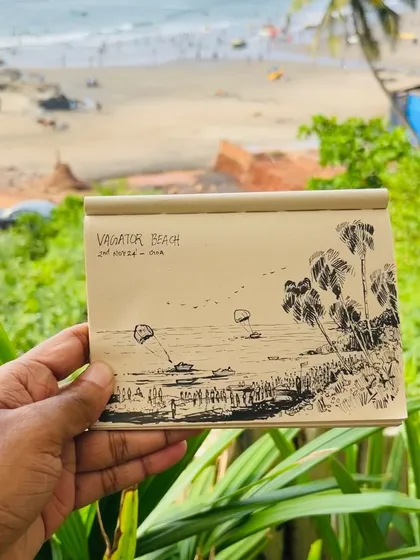 A pen and ink sketch of Vagator Beach in Goa. I love using a toned paper sketchbook to make the highlights pop.