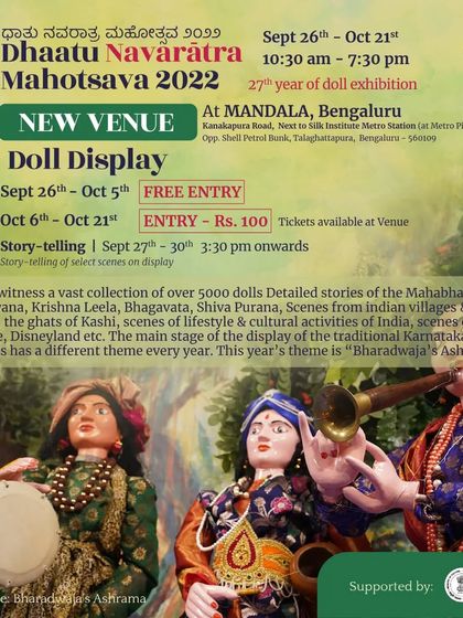 A detailed poster for the 2022 Mahotsava, describing the vast collection of over 5000 dolls and the year's main theme, 'Bharadwaja's Ashrama'.