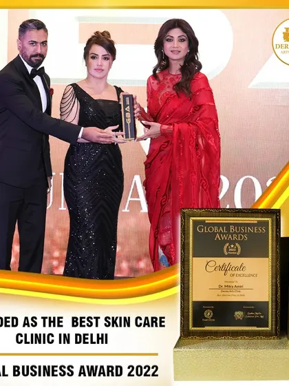 I am incredibly proud to have received the Global Business Award for "Best Skin Care Clinic in Delhi" in 2022, presented by Shilpa Shetty. This award is a testament to my team's dedication and the trust my clients place in me for world class cosmetic dermatology and patient care.