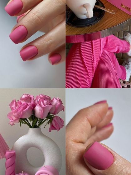 A mood board dedicated to all things pink, featuring a beautiful matte pink manicure.