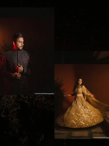 A dramatic collage featuring solo portraits of the bride and groom. The use of deep shadows and warm, focused light creates a moody, cinematic feel, highlighting them in their grand, glittering outfits.