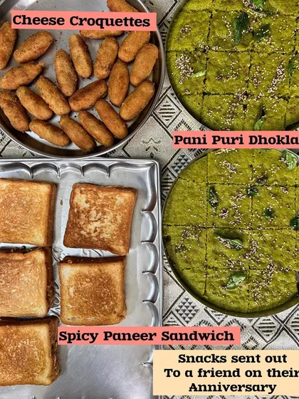 Anniversary snacks featuring Cheese Croquettes, Pani Puri Dhokla, and Spicy Paneer Sandwiches.