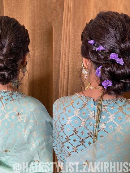 A dual-angle view of the braided bun with purple flowers, perfect for a daytime event.