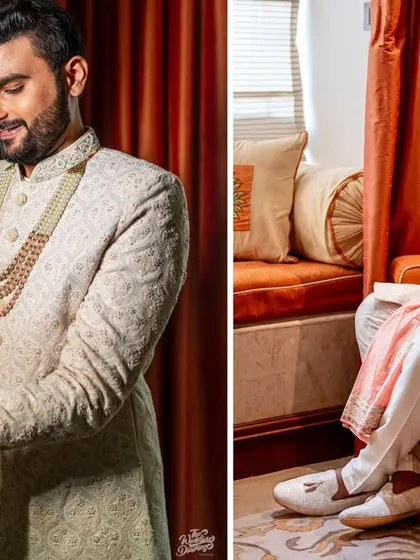 A collage showing the groom getting ready. From adjusting his cuffs to sitting with a relaxed smile, it captures the final moments of preparation.