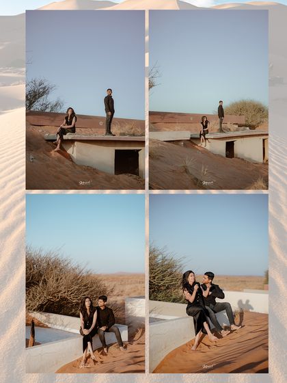 A collage of moments from their stylish, all-black-themed pre-wedding shoot in the Dubai desert.