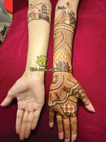 A before-and-after view, showing one arm with just the skyline and the other fully completed. This highlights how the personalized elements are integrated.