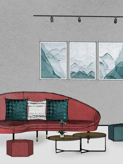 A concept sketch focusing on the custom blush sofa and artwork, which became central elements in the final design.