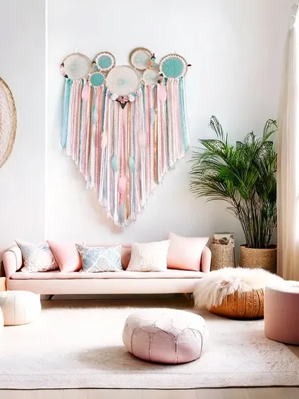 This is the cozy corner of your dreams. Seeing our pastel cluster dreamcatcher perfectly placed in a client's living room is what it's all about. We love helping you create a peaceful, aesthetic haven to escape from reality.