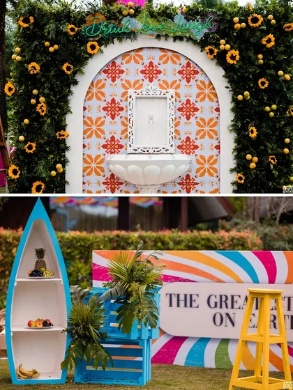 Fun and quirky decor elements from a tropical-themed event. This collage shows a sunflower-adorned arch with Portuguese tiles and a repurposed boat used as a fruit display shelf, adding a playful touch to the celebration.