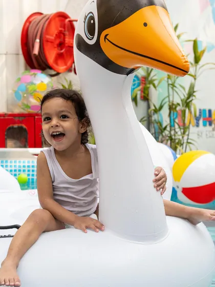 Riding a giant inflatable swan is a highlight for many kids at our splash parties. It is all about imaginative play and enjoying the cool water.