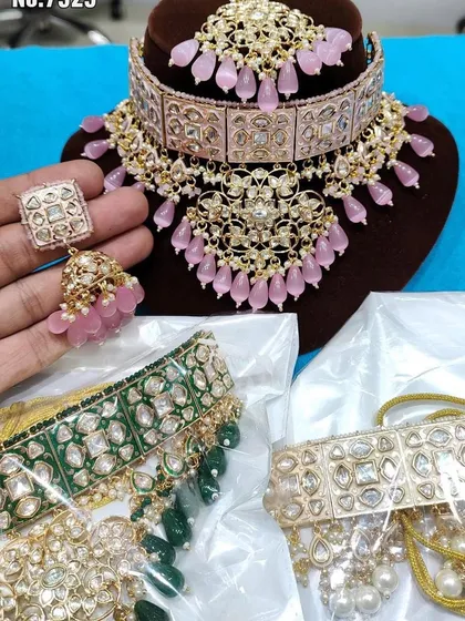 Another collage of pink and green choker sets available for rent. I can help you find the perfect color and design to match your party wear.