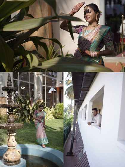 A collage of candid moments, showing the bride and groom in different settings on their wedding day.