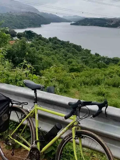 A Surly touring bike overlooks the Manchinabele reservoir. This view is one of the many rewards on our 'Reservoir Dogs' ride.