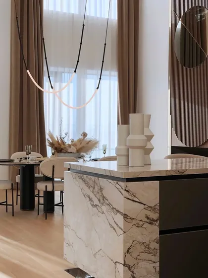 A close-up view of the Leda fixture in a high-end residence, showing how it complements the beautiful marble and modern furnishings.