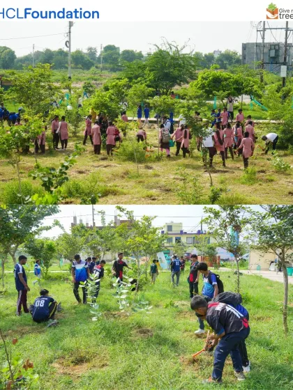 Students from various schools participating in a plantation drive for HCL's Foundation Day. Involving children in corporate CSR events creates a powerful inter-generational connection.
