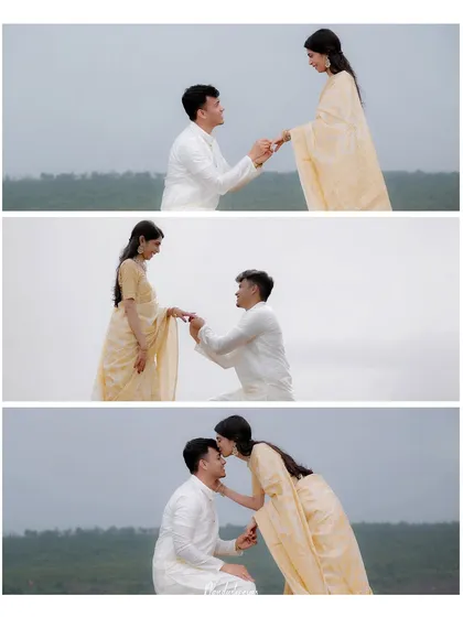 A triptych showing the progression of a proposal, from kneeling to the final kiss on the forehead.