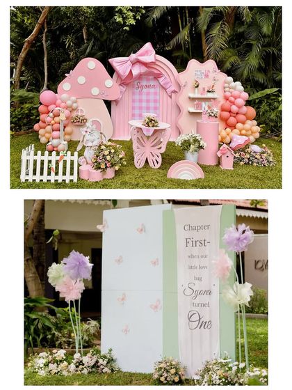 A collage of our 'Bow & Bunny' theme, showing the full pink setup with a mushroom house and a close-up of the storybook-style welcome sign.