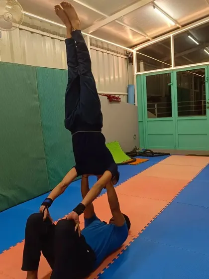 A collection of different partner handstand variations. These exercises range from handstands on a partner's back to one-arm assisted holds, all designed to build strength and teamwork.