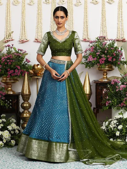This collage highlights our festive lehengas in teal blue and soft peach, both paired with elegant green blouses.
