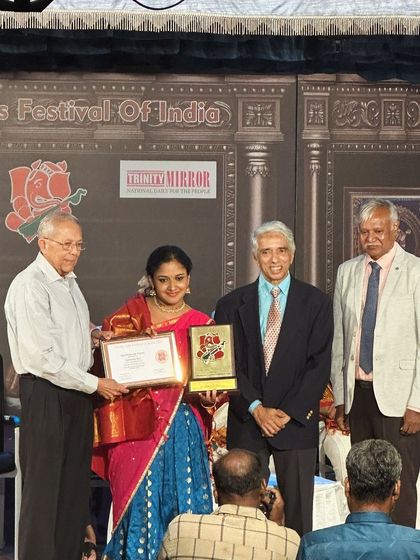 Receiving the 'Isai Chemmal' Award from the Trinity Arts Festival of India for 2024. I feel blessed to receive these honors in the presence of esteemed artists and dignitaries.