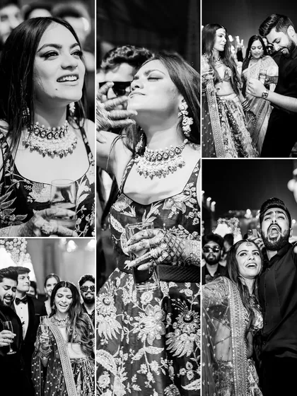 A collage of black and white photos capturing the bride and guests fully immersed in the music and dancing at a sangeet night.