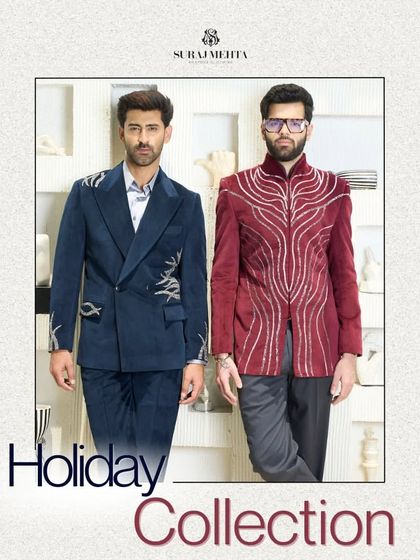My Holiday Collection features standout pieces like this crimson velvet jacket and a blue velvet double-breasted suit, both designed to make a festive statement.
