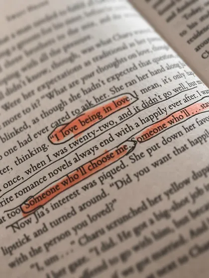 A reader's highlighted page from *Match Me If You Can*, focusing on the idea of choosing someone and staying in love.