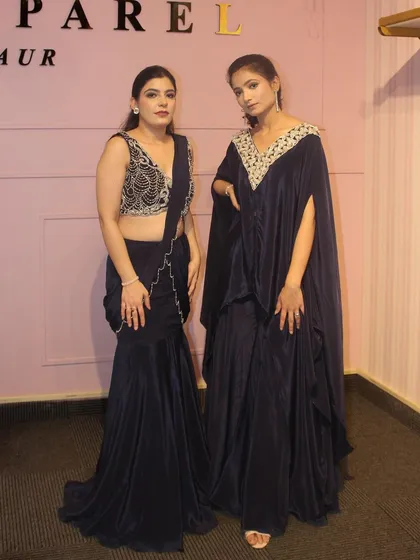 Another shot of our navy blue fusion wear. Both the kaftan and the sharara set are fully customizable in the color of your choice.