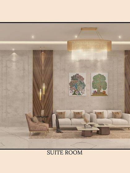 A 3D render of a suite room in Jharkhand Bhawan, designed in association with Urban Analysis & Solutions. The design blends contemporary comfort with cultural motifs, reflecting the building's role as a symbol of the state's identity.