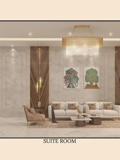 A 3D render of a suite room in Jharkhand Bhawan, designed in association with Urban Analysis & Solutions. The design blends contemporary comfort with cultural motifs, reflecting the building's role as a symbol of the state's identity.