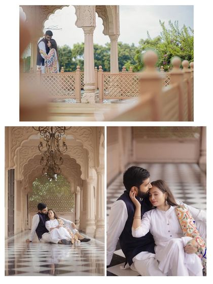 A collage of romantic pre-wedding photos taken in a beautiful arched hallway. The combination of wide shots and intimate moments showcases the elegance of the location and the couple's connection.
