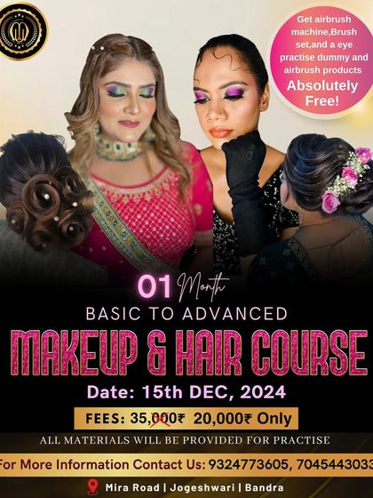 This graphic details my 1-month Basic to Advanced Makeup & Hair Course. It's designed for everyone from beginners to pros wanting to polish their skills, and includes a free airbrush kit and professional portfolio shoot.