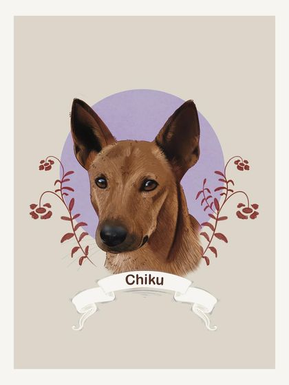 This is the base digital illustration of my dog, Chiku. The simple design with a lavender circle and delicate botanicals focuses entirely on his sweet face, capturing a quiet moment.