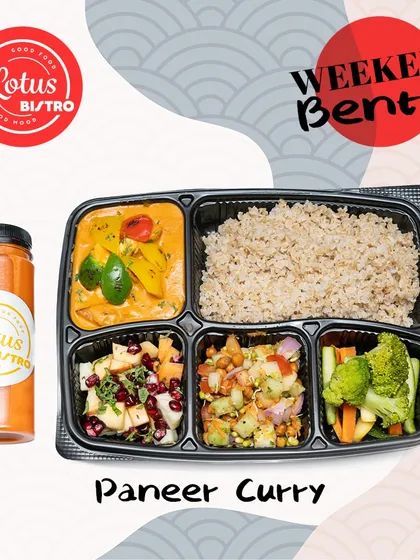 For our vegetarian patrons, we present the Paneer Curry Bento. This box includes soft paneer in a rich, flavorful curry, served with healthy brown rice, two different salads for variety, and our signature bistro beverage.