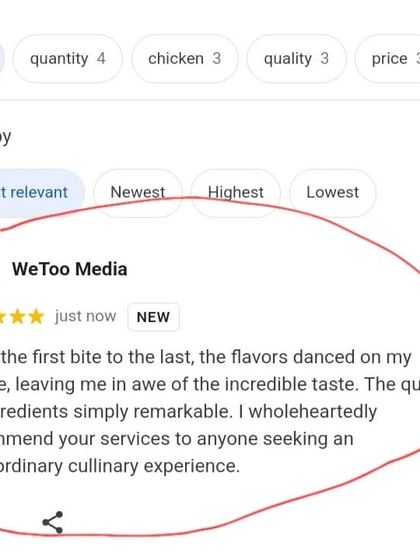 A screenshot of a 5-star review from a happy customer. We are proud that our clients appreciate the quality and taste we work so hard to provide.
