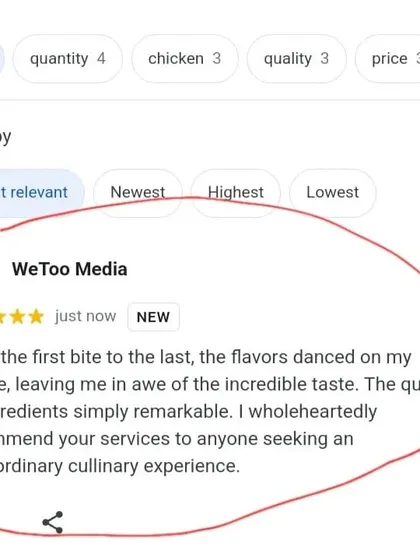 A 5-star review from a happy client. We are proud of the "extraordinary culinary experience" we provide.