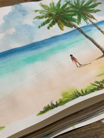 A serene beach scene painted by a student. Our classes, available on weekdays and weekends, help you turn your favorite scenes into beautiful watercolor artworks.