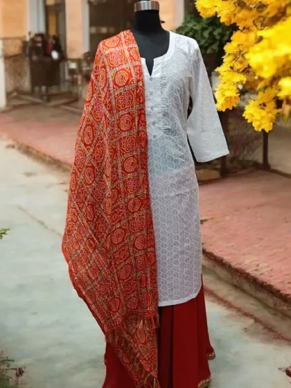 This Holi look features a white kurta and red pants, paired with a gorgeous red printed dupatta for a touch of elegance.